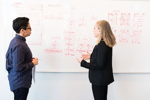 pexels-photo-1181346-1181346 Two professionals brainstorming digital marketing ideas on a whiteboard.
