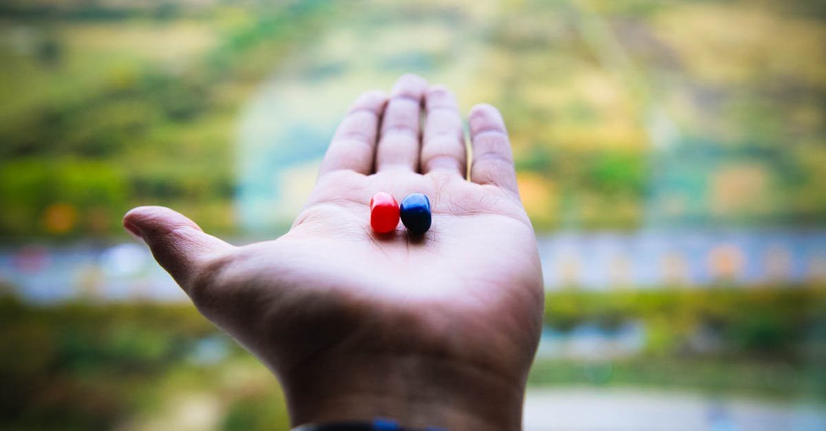 A close-up image of a hand holding red and blue capsules with a blurred outdoor background effect.